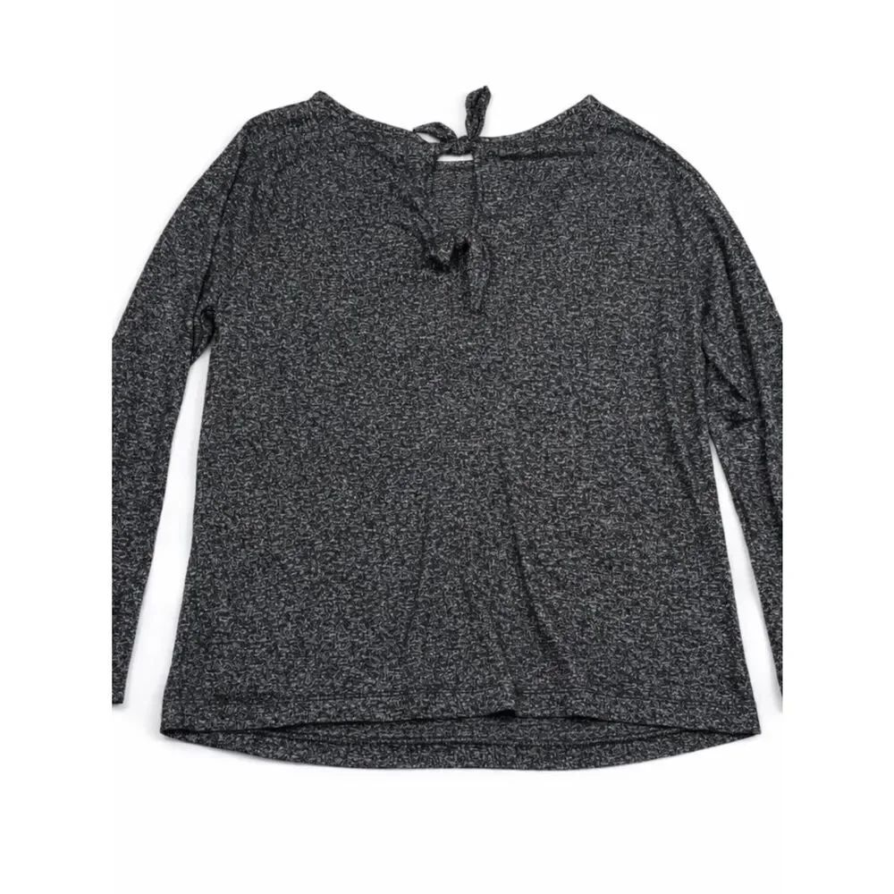 LOFT Soft Knit Top Black Marled Casual Tie Neck Relaxed Comfy Stretchy Shirt PM